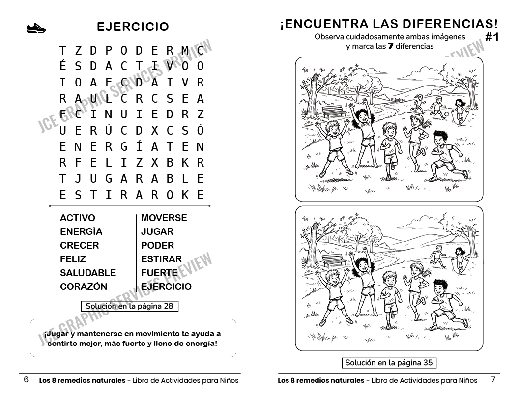 Vista interior con sopa de letras de ejercicio y diferencias